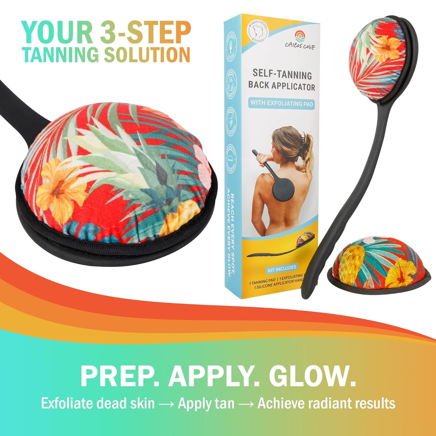 Skiennix Self Tanning Lotion Applicator - 17" Ergonomic Silicone Handle for Easy Back Application | Includes Exfoliating Pad
