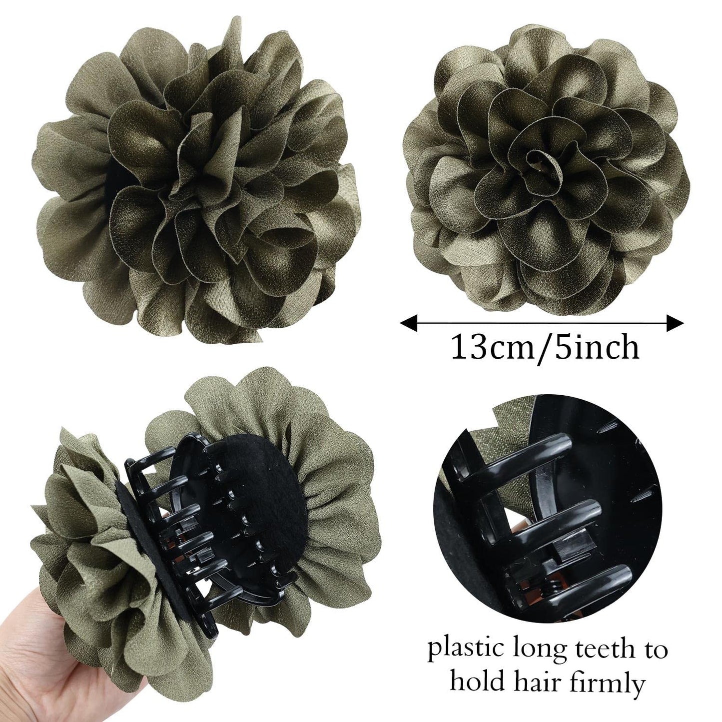 Cinaci 4 Pack Black Plastic Hair Claws Clips with Big Large Satin Rose Flower Bow Barrettes Clamps Bun Chignon Updo Holders Hair Accessories for Women Girls