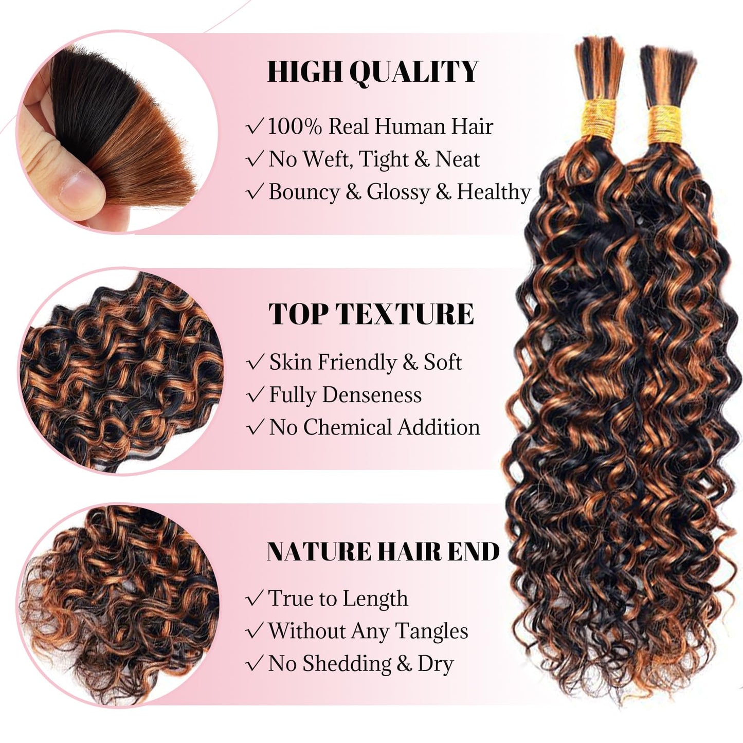 Ombre Brown Human Braiding Hair 20 Inch 100g Highlight 1b/30 Deep Water Wave 2 Bundles Bulk Human Hair for Braiding Curly Hair Extensions for Boho Braids Knotless Wet and Wavy Human Braiding Hair