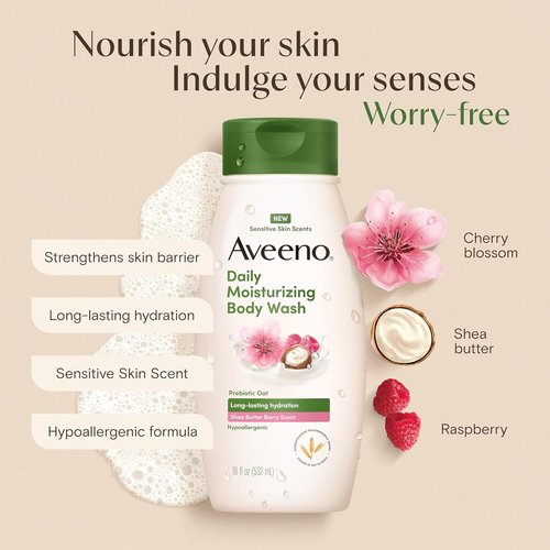 Aveeno Daily Moisturizing Body Wash - Shea Butter Berry Scent | Long-Lasting Hydration for Sensitive Skin, 18 fl. oz