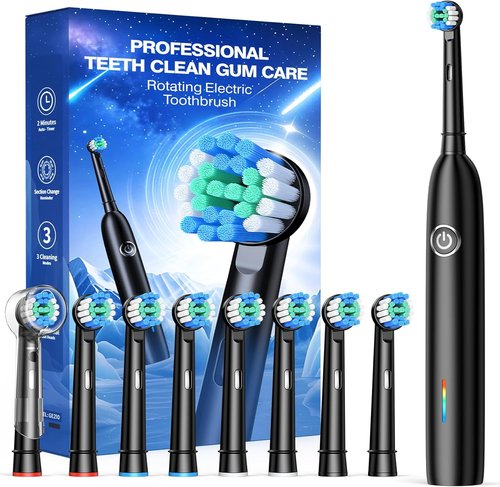 Rotating Electric Toothbrush - 8 Brush Heads, 3 Modes, Rechargeable with Smart Timer & 45-Day Battery Life