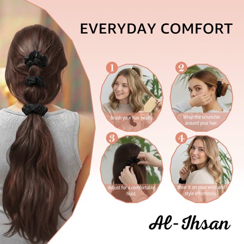 Black Satin Scrunchies for Hair - 5 Pcs Silk Soft Hair Ties for Women - No Crease Elastic Ponytail Holders - Anti Frizz Hair Accessories for Sleeping, Curly Hair & Gym - Gentle No Breakage Sleepy Tie