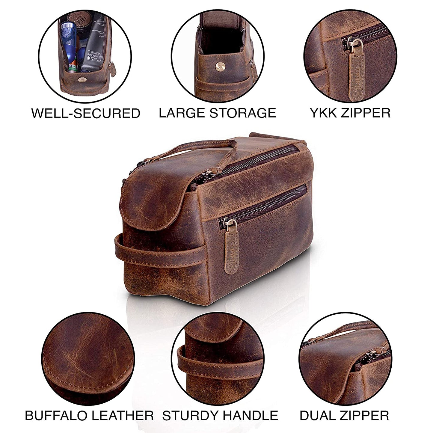 KOMALC Premium Buffalo Leather Unisex Toiletry Bag Travel Dopp Kit