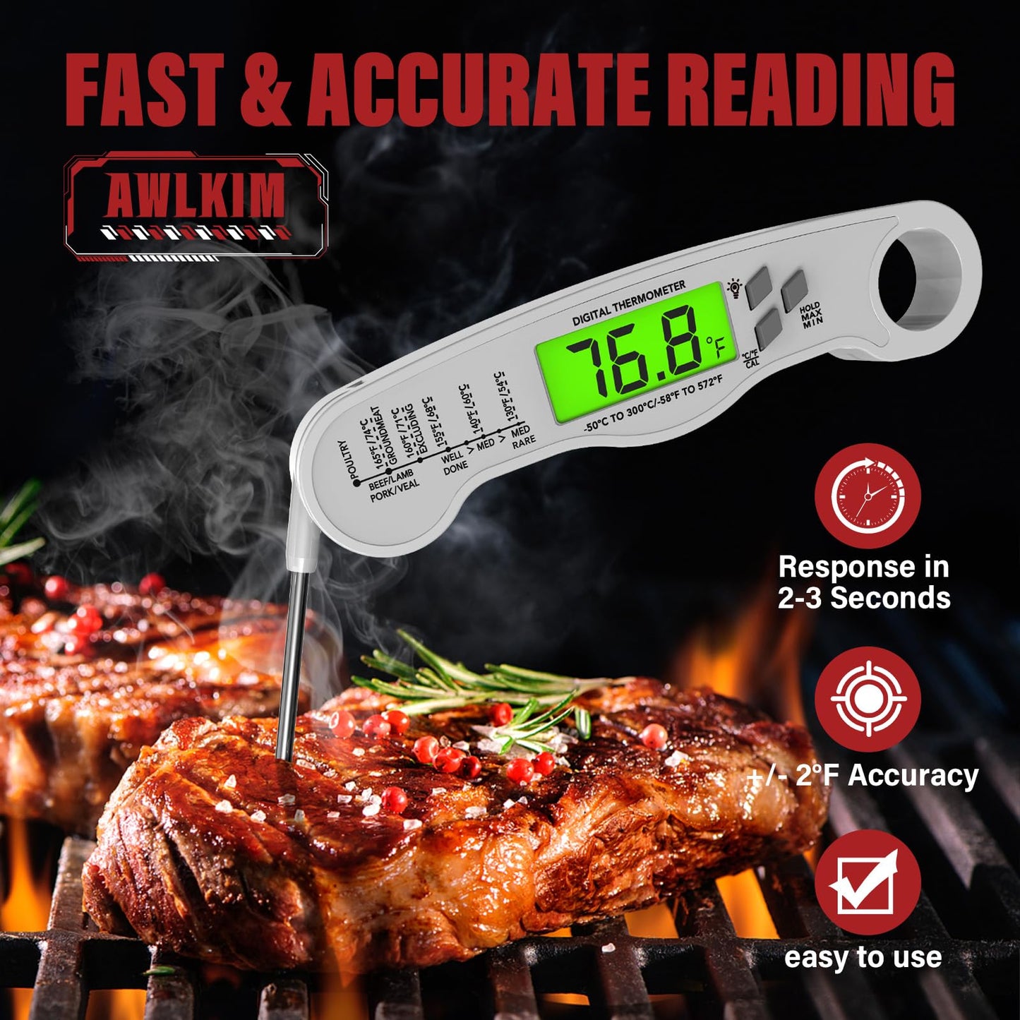 Fast Instant Read Meat Thermometer with Backlight - Waterproof Digital Food Probe for Grilling, Cooking, Baking & Candy Making - Kitchen & BBQ Essential(Black)