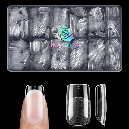 UNA GELLA 600Pcs Short Square Gel Nail Tips, Square Press on Nails Pre Etched Full Cover Soft Gel Nail Tips No C Curve For Women Girl DIY French & Chrome Style Salon At Home 12 Sizes