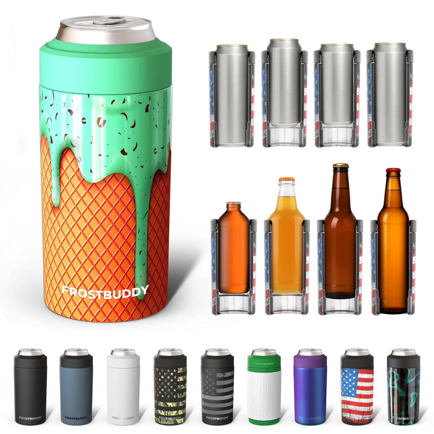 Frost Buddy Universal Buddy Can Cooler - Fits All - For Regular 12 & 16 oz or Slim-Size Bottles - Insulated Double -Walled Stainless Steel (All white)