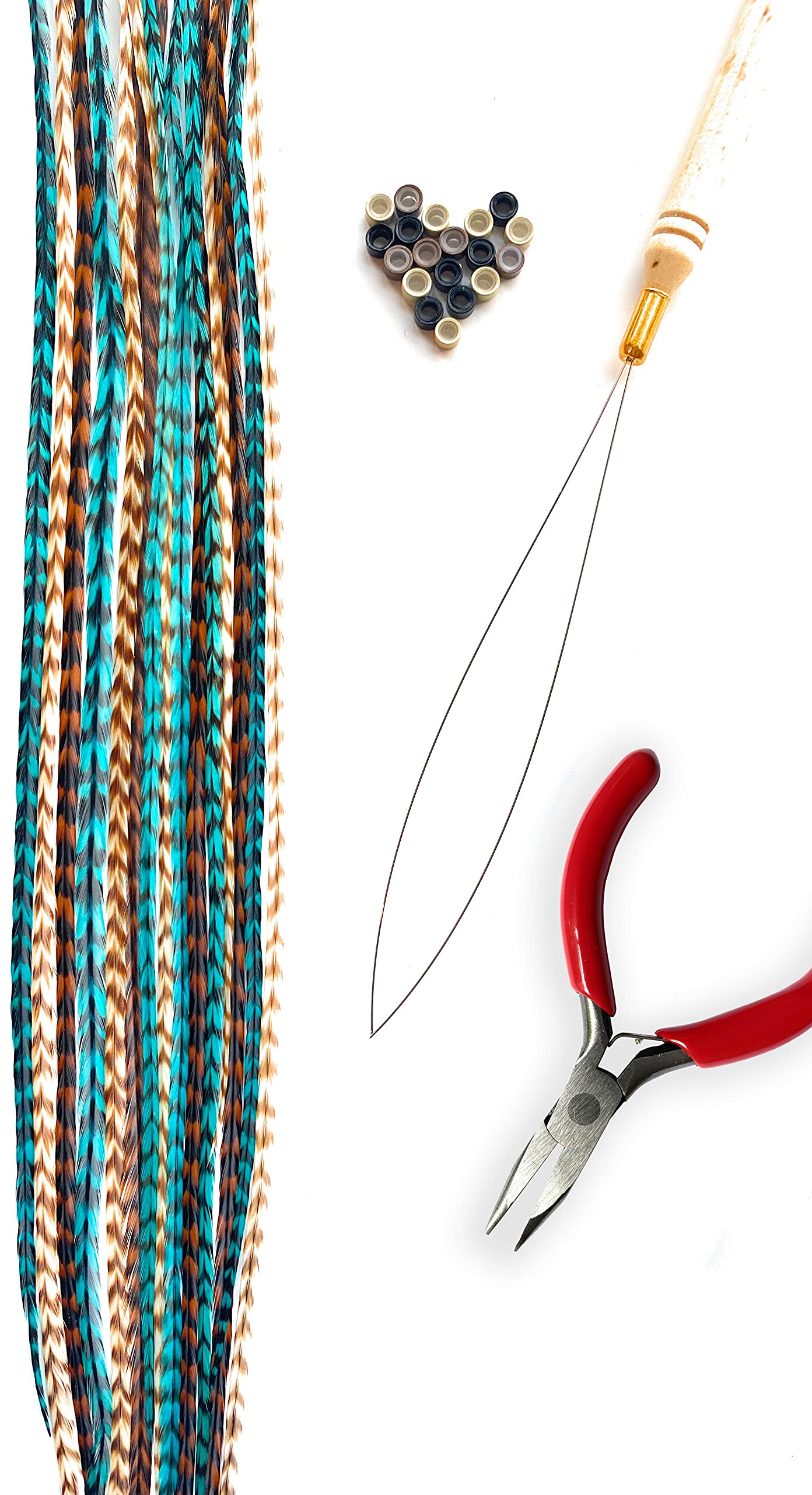 Feather Hair Extensions Kit, Contains Real Rooster Feathers, Loop Tool, Microlink Beads, and Small Pliers- Long Natural Colors with Turquoise Accessories