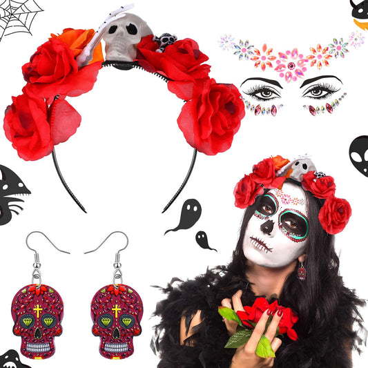 Riceshoot 3 Pcs Day of the Dead Costumes Accessories for Women Halloween Headbands Skull Earrings Gems(Dark Red Hue)