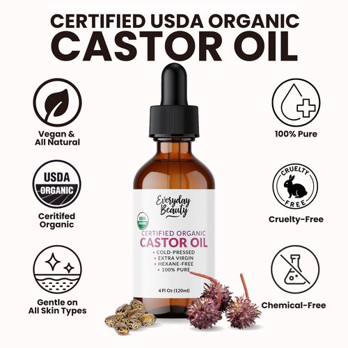 Organic Castor Oil - 100% Pure Certified USDA Organic, Cold Pressed & Hexane-Free, For Eyelashes, Eyebrows, Hair, Skin & Wellness Packs - 4 Fl Oz Glass Bottle & Dropper