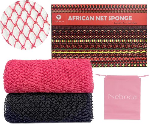Authentic African Net Sponge - Exfoliating Body Scrub with Knots | Pink & Black Afro Bath Cloth