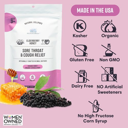MommaBear Natural Sore Throat Care Lollipops - Organic Elderberry & Honey Cough Relief | 10 Pack, No Artificial Additives