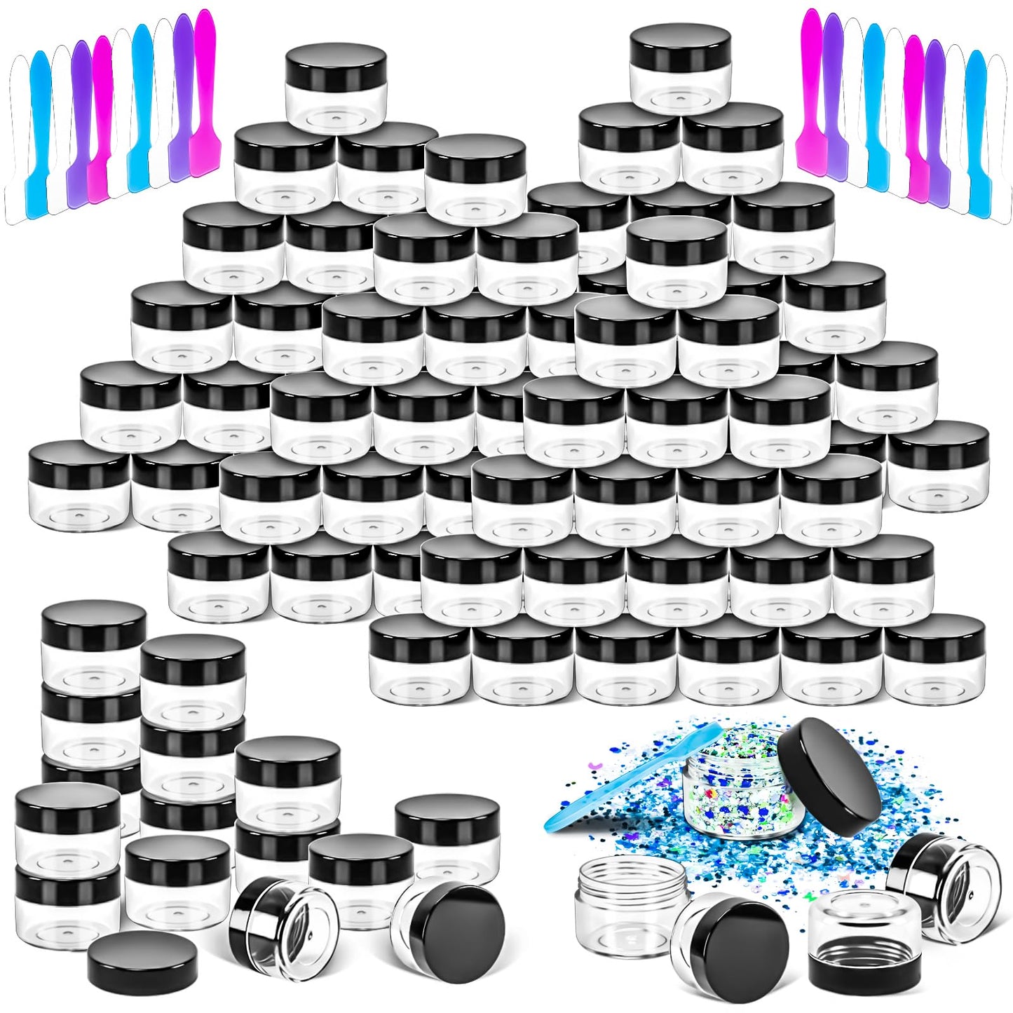 MotBach 40 PCS 15g Empty Plastic Containers with Black Lids, Small Makeup Containers, 0.5oz Small Sample Pot Jars Round Travel Cosmetic Jars with Spatulas for Liquid, Powder, Cream, Lotion