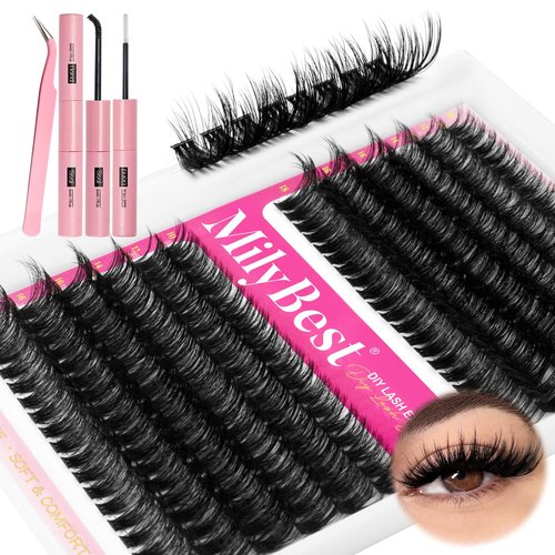 MilyBest Lash Clusters Kit Wispy Eyelash Clusters Lashes 60D 80D Natural DIY Lash Extension Kit 10-18mm Cluster Eyelash Extensions D Curl Individual Lashes Clusters Kit (with Lash Glue, Tweezer)