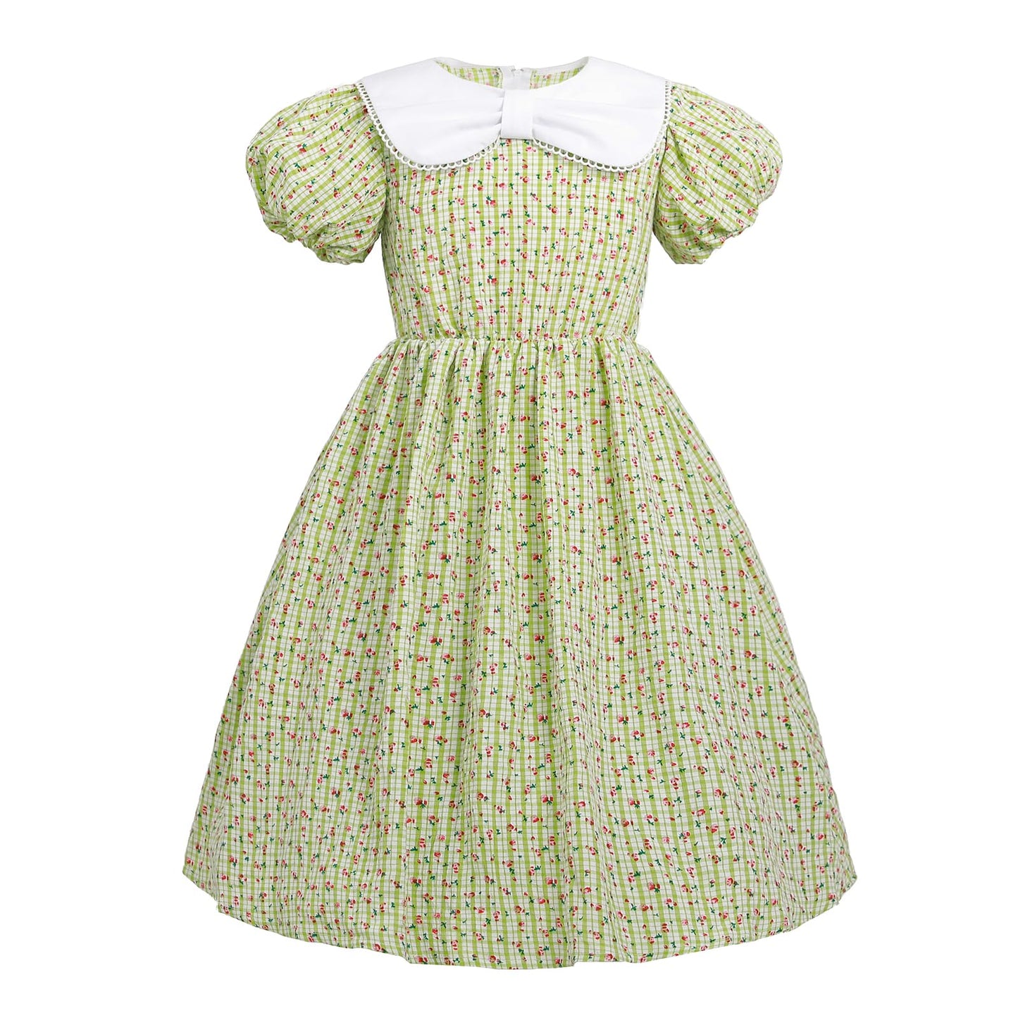 LTAKK Prairie Dresses Girls Pioneer Colonial Costume Girl Pilgrim Dress with Apron and Bonnet, Green Plaid Floral, Large