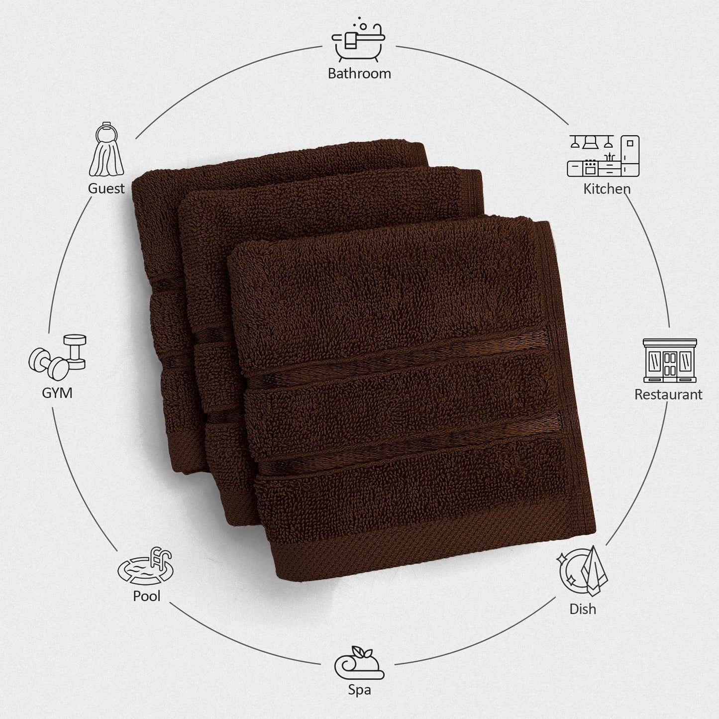 Utopia Towels, 12 Pack Viscose Luxury Wash Cloths Set, 12 by 12 Inches, 100% Cotton Ring Spun, Highly Absorbent and Soft Feel Essential Washcloths for Bathroom, Face Towel, Gym and Spa, Brown