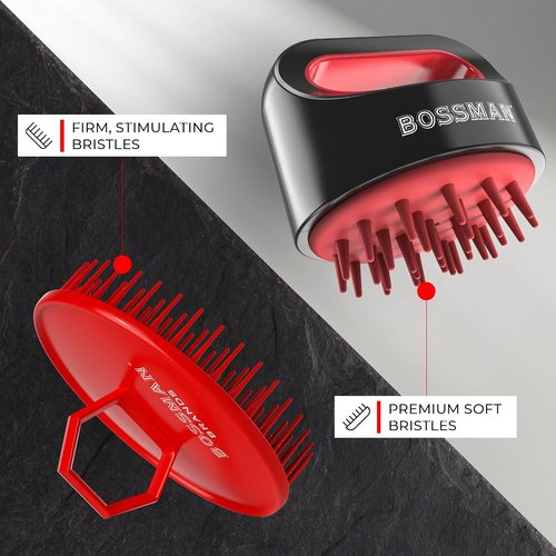 Bossman Scalp Massager & Shampoo Brush - 3 Inch Red Exfoliator for Scalp, Hair & Beard Care