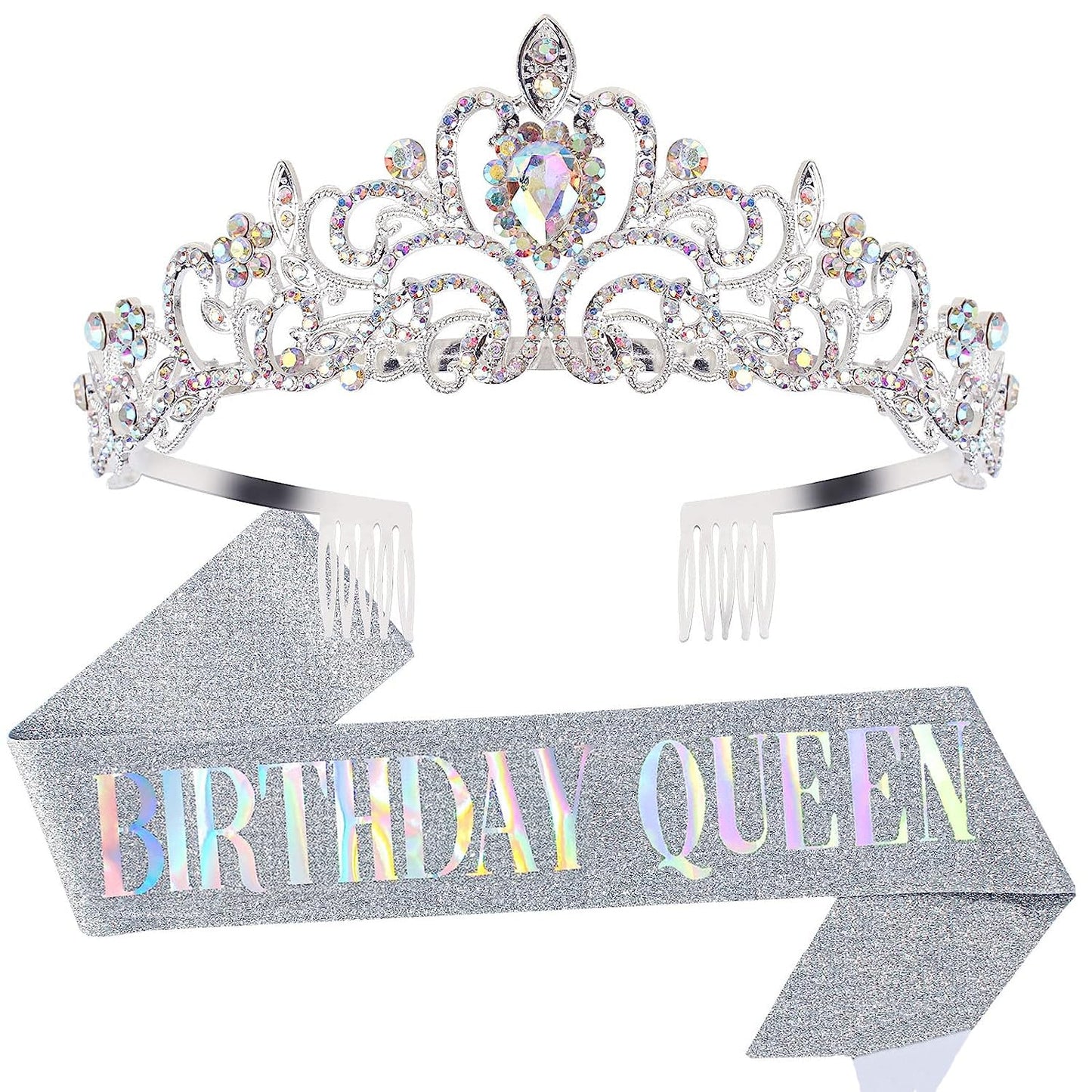 "Birthday Queen" Sash & Crystal Tiara Kit COCIDE Birthday Silver Tiara and Crowns for Women Birthday Sash for Girls Birthday Decorations Set Rhinestone Headband Hair Accessories Glitter Sash for Party