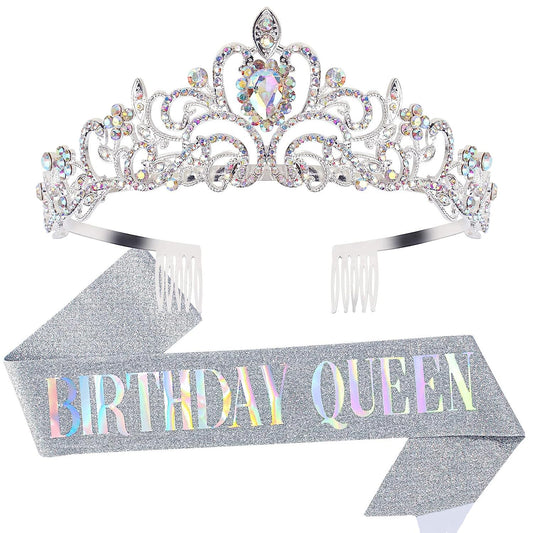 "Birthday Queen" Sash & Crystal Tiara Kit COCIDE Birthday Silver Tiara and Crowns for Women Birthday Sash for Girls Birthday Decorations Set Rhinestone Headband Hair Accessories Glitter Sash for Party