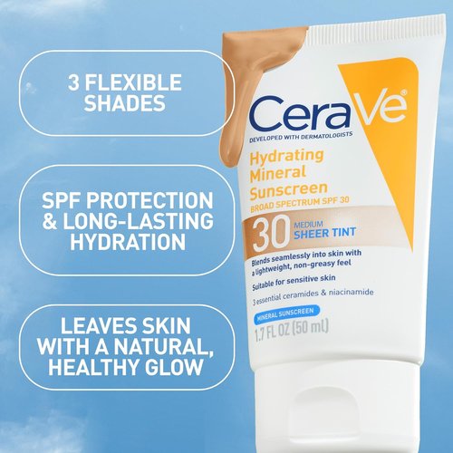 CeraVe Hydrating Mineral Sunscreen SPF 30 - Tinted Zinc Oxide Formula for a Healthy Glow | 1.7 Fl Oz