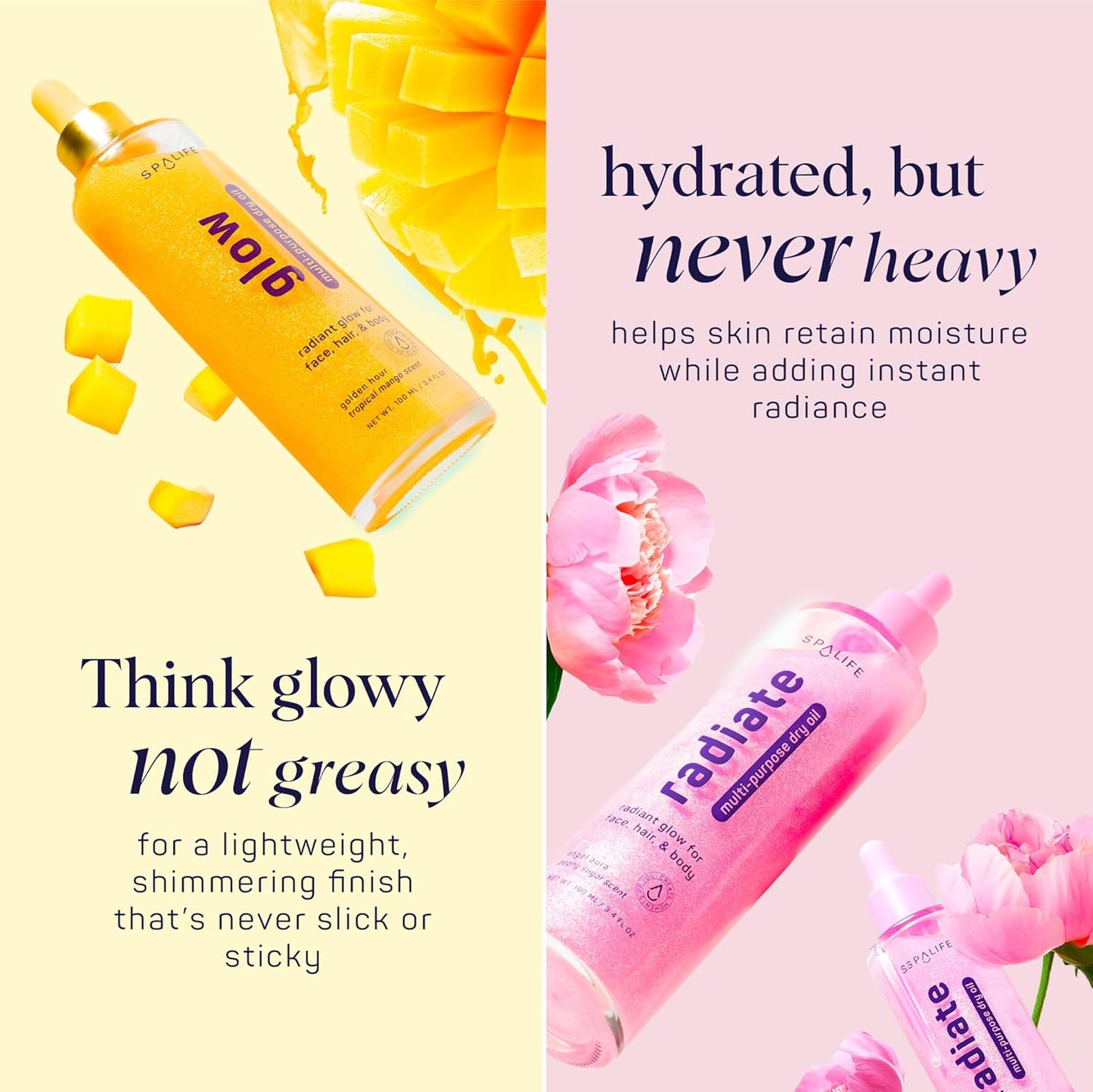 SpaLife Beauty Radiate & Glow Shimmer Oil Bundle - Hydrating Dry Oil Duo with Mango & Peony Scents