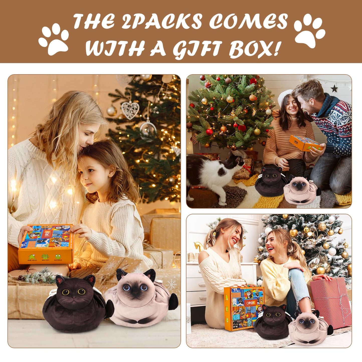 Openhahaha Drawstring Makeup Bag, Cat Makeup Bag, Travel Makeup Organizer, Cosmetic Pouch Bag, Cat Gift for Women, Lay Flat Makeup Bag Gifts for Cat Lovers(2-Pack)