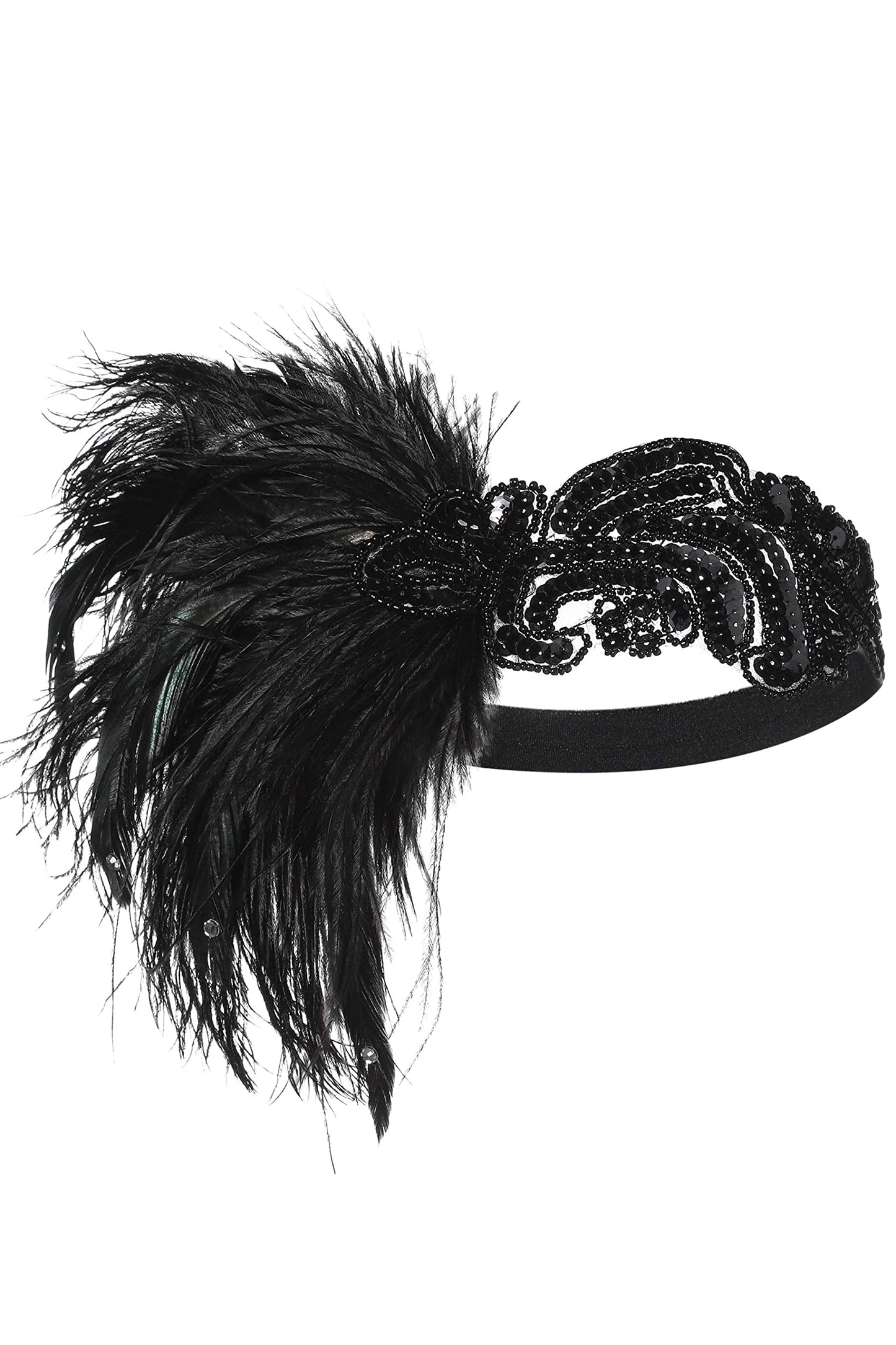 BABEYOND 1920s Flapper Headband Vintage Black Feather Headpiece with Sequin Beads Roaring 20s great Gatsby Hair Accessory for Party (Black)