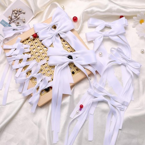 20PCS White Hair Bows for Women, Hair Ribbons for Girls Hair, 12PCS Long Tassel Bowknot Ponytail Holder and 8PCS Short Tail Hair Clips, Solid Silky Hair Barrettes Satin Hair Accessories