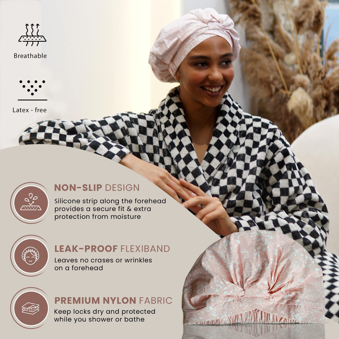 Reusable Shower Cap for Women Reusable Waterproof – Leakproof, Nonslip Hair Cap for Shower w/Comfy Flexiband – Soft, Breathable, Durable Shower Caps by SMPL OBJECTS (Blush)