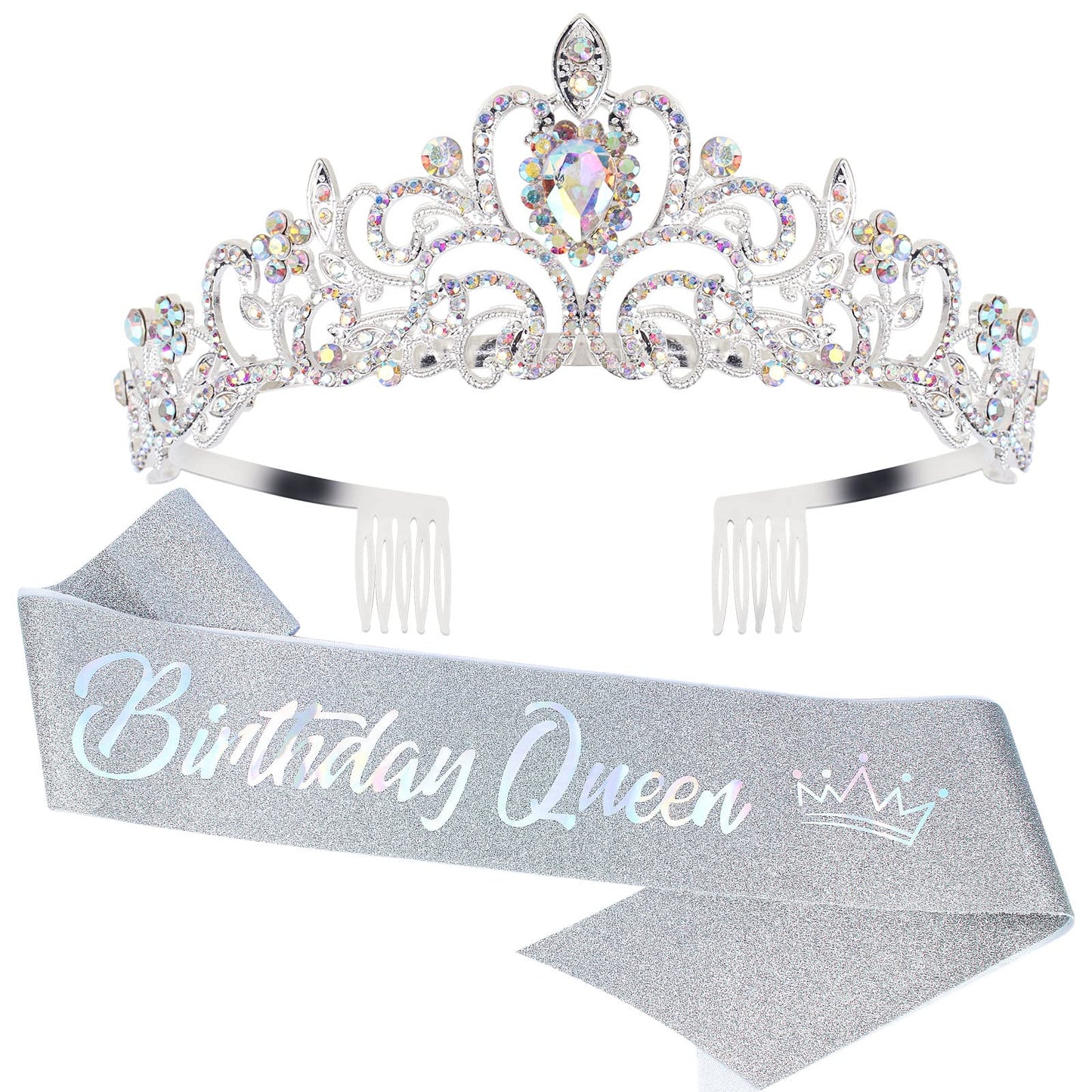 COCIDE "Birthday Queen" Sash and Crystal Tiara Set Tiara and Crowns for Women Birthday Gift for Girl Kit Decorations Set Rhinestone Hair Accessories Glitter Stain Silk Sash for Party