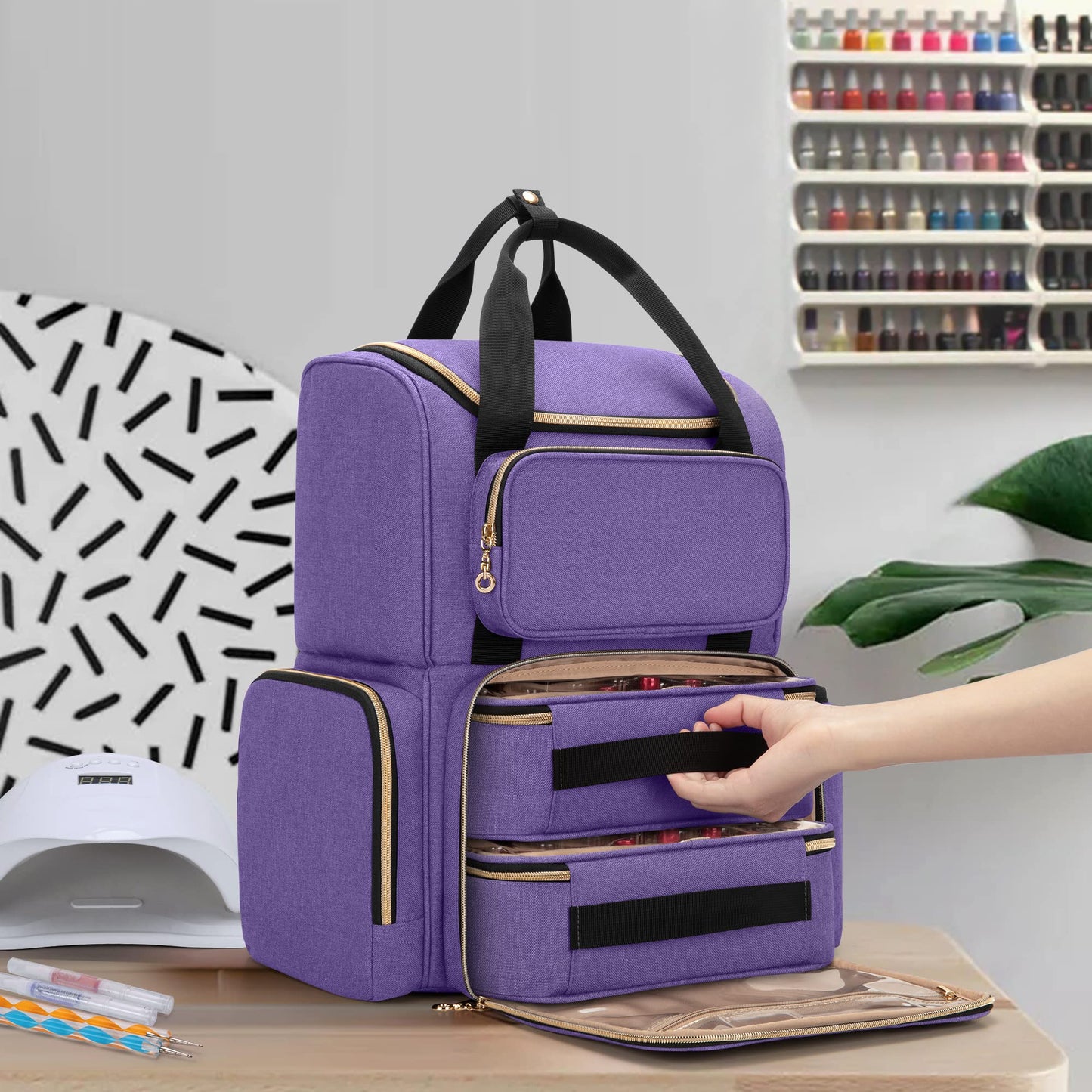 LUXJA Nail Polish Organizer - Backpack Version Holds 70 Bottles and a Nail Lamp, Travel Bag with 2 Removable Cases and Tools Storage Pockets (Patent Pending), Purple