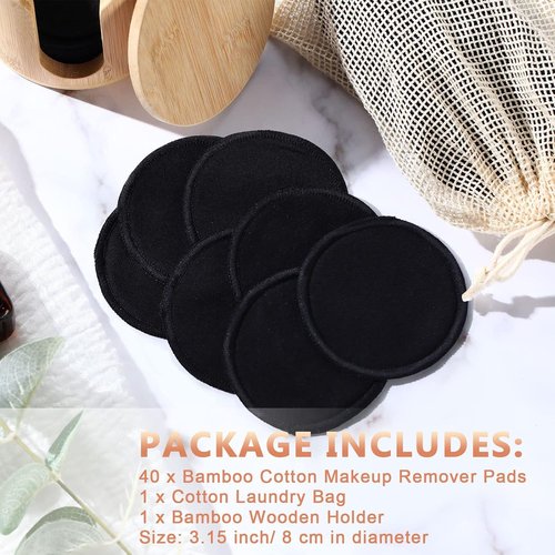 Foaincore Reusable Makeup Remover Pads - 40 Pcs Bamboo Cotton Rounds with Storage Bag | Soft & Washable (Black)