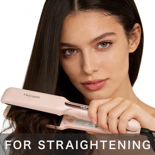 Heysam 2-in-1 Flat Iron Hair Straightener & Curler - Portable Dual Voltage, 1.6-Inch, Fast Heating, Pink