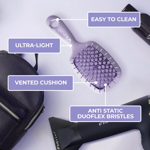 FHI Heat UNbrush Mini Detangler Brush for Pain-Free Brushing on All Wet or Dry Hair Types — Durable Duoflex Anti-Static Bristles, Lightweight Handle, Vented Mini Hair Brush, Lilac Light Purple
