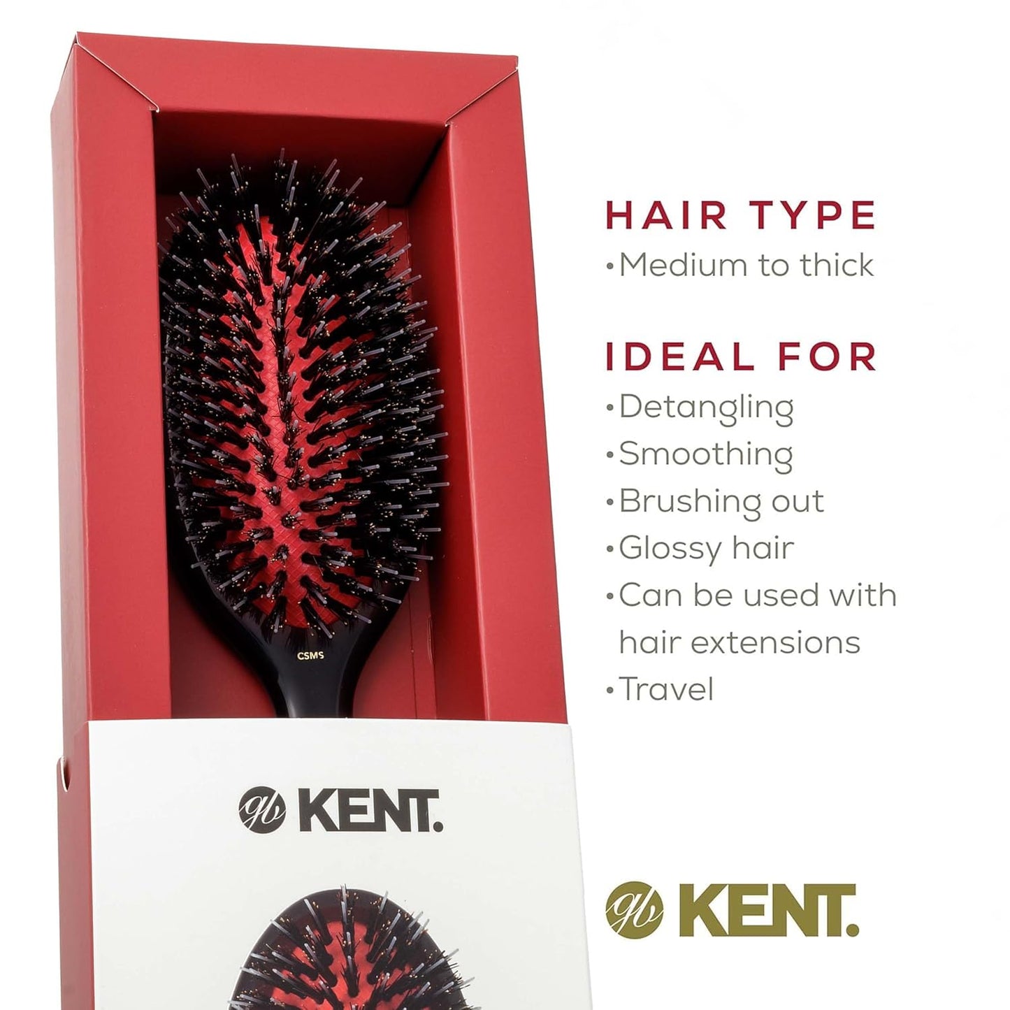 Kent CSMS Classic Shine Straightening Brush - Natural Black Boar Bristle & Nylon Quills for Short to Shoulder Length Hair