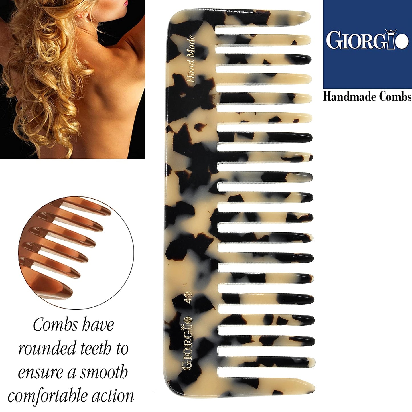 Giorgio G49WT Large 5.75 Inch Hair Detangling Comb, Wide Teeth for Thick Curly Wavy Hair. Long Hair Detangler Comb For Wet and Dry. Handmade of Quality Cellulose, Saw-Cut, Hand Polished