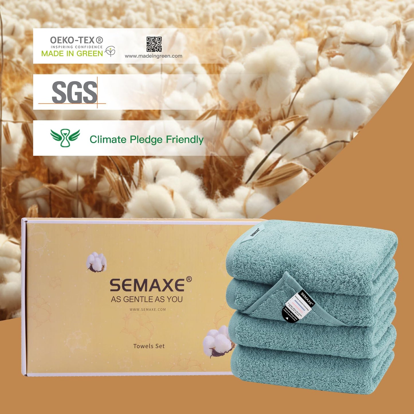 SEMAXE Bathroom Hand Towel, 100% Cotton Towels with Hanging Loops, Hotel Spa Quality Highly Absorbent Towel Set of 4, 27" L x 16" W, Blue Hand Towel, Gift Box Packaging