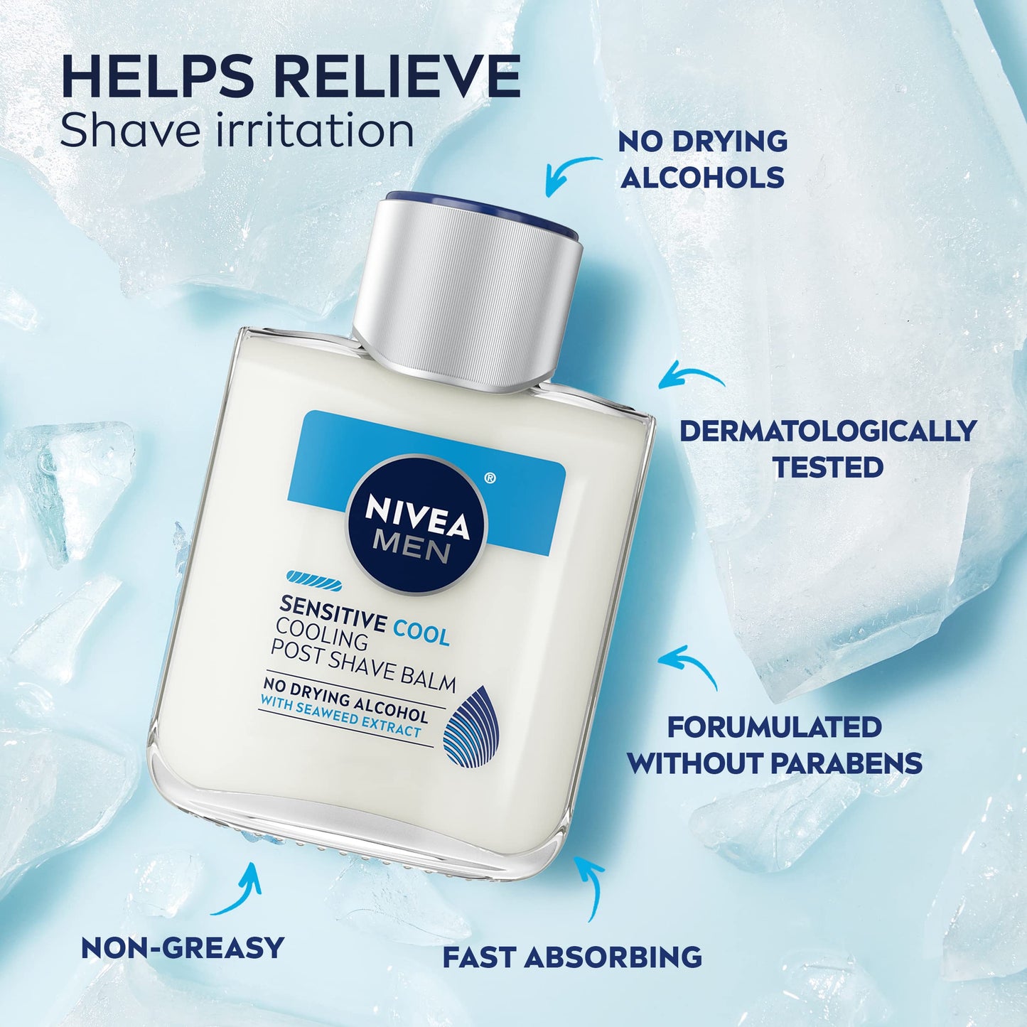NIVEA MEN Sensitive Cool Cooling Post Shave Balm with Vitamin E, Chamomile and Seaweed Extracts, Alcohol Free After Shave Balm for Men, 3 Pack of 3.3 Fl Oz Bottles
