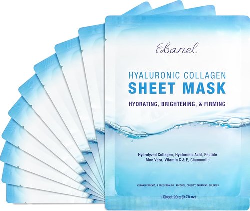 Ebanel Collagen Face Masks - 10 Pack of Hydrating Sheet Masks with Hyaluronic Acid & Vitamin C | Anti-Aging & Skin Firming