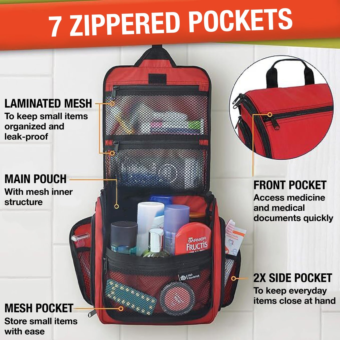 D&D Hanging Travel Toiletry Bag for Men and Women – Cosmetics, Makeup and Toiletries Organizer Kit with 10 Compartments, YKK Zippers, XXL Metal Swivel Hook, Water-Resistant Nylon