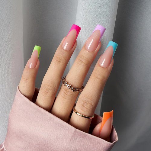 BTArtbox Nails Press-On Nails - Long Square French Tip in Bright Pastel Soft Gel | Soak Off Acrylic Extensions