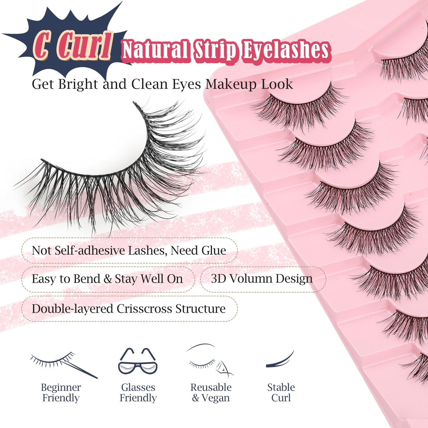 Lashes Wispy Eyelashes Natural Look 15mm Cat Eye Lashes Natural C Curl Soft Strip Lashes Fake Eyelashes 3D Volume Eye Lashes Pack 7 Pair Siligli Lash Eyelash