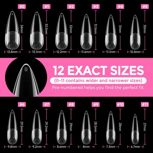 UNA GELLA Long Stiletto Gel Nail Tips: 216pcs Halloween Stiletto Almond Fake Nails Pre-shape Long Almond Press Ons for Full Cover Acrylic French False Nails For Nail Extension DIY Salon 12 Sizes