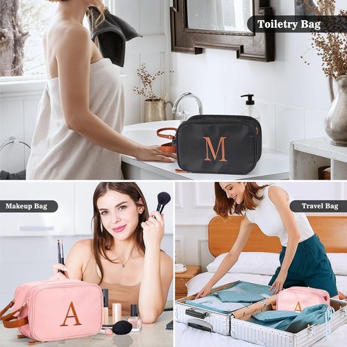 YOOLIFE Travel Toiletry Bag - Toiletry Bag for Women | Initial Makeup Bags Personalized Birthday Gifts for Women Teen Girls Gifts | Travel Essentials Large Capacity Letter A Pink
