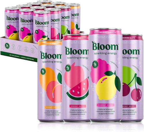 Bloom Nutrition Sparkling Energy Drink - Variety Pack with Natural Caffeine | Zero Sugar, 180mg Caffeine, 12oz (12 Pack)
