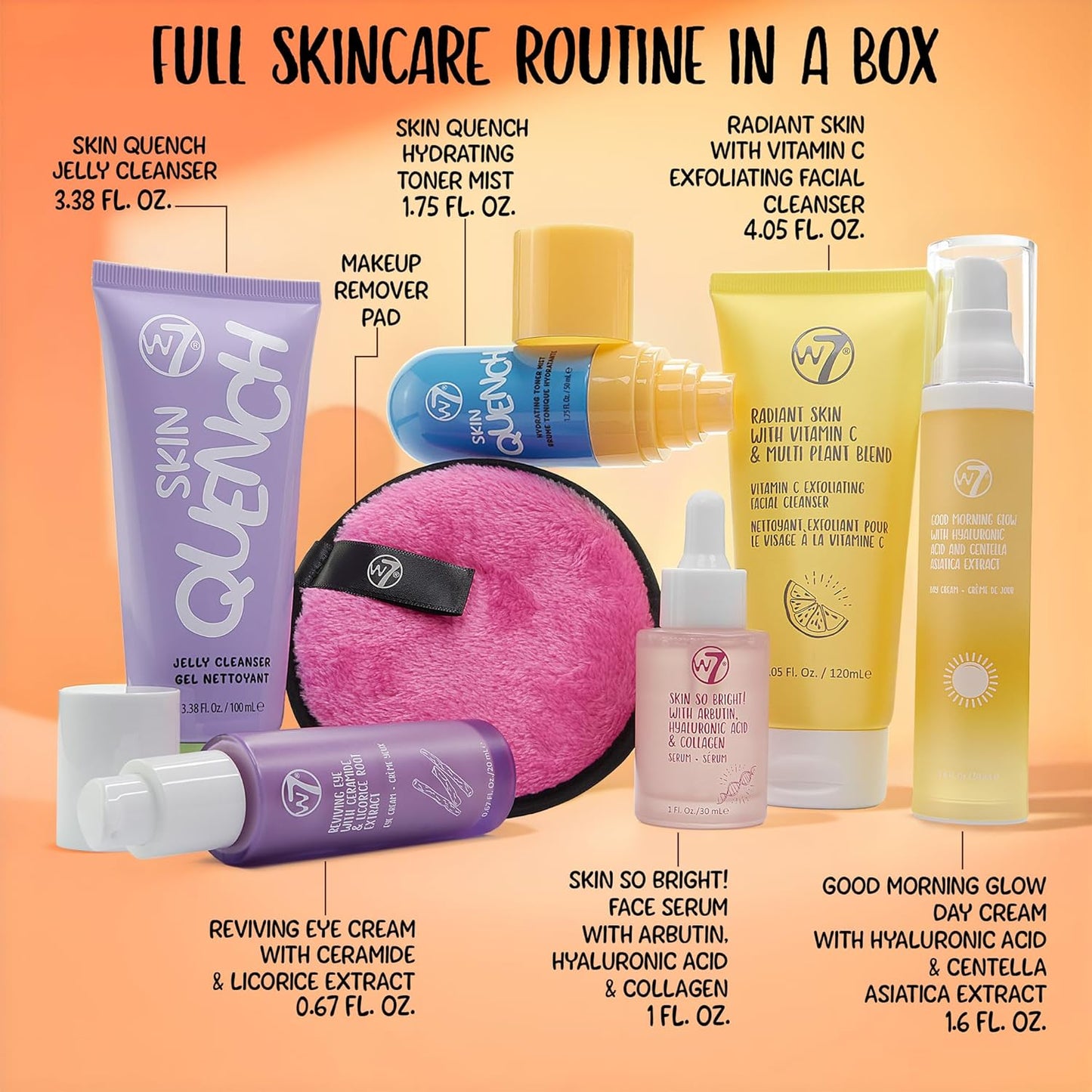 W7 Beauty Blast Skincare Secrets Set - Complete Full-Size Routine with Day Cream, Serum, Cleansers & Eye Cream