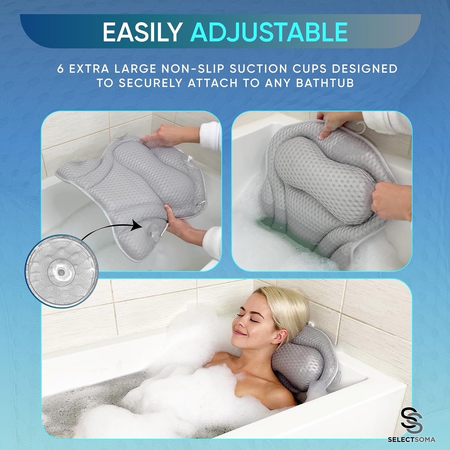 SelectSoma Premium Bathtub Pillow with Thick 4D Mesh for Head, Neck & Back Support - Luxury Quick-Drying Bath Pillow with 6 Strong Suction Cups for Tub Comfort