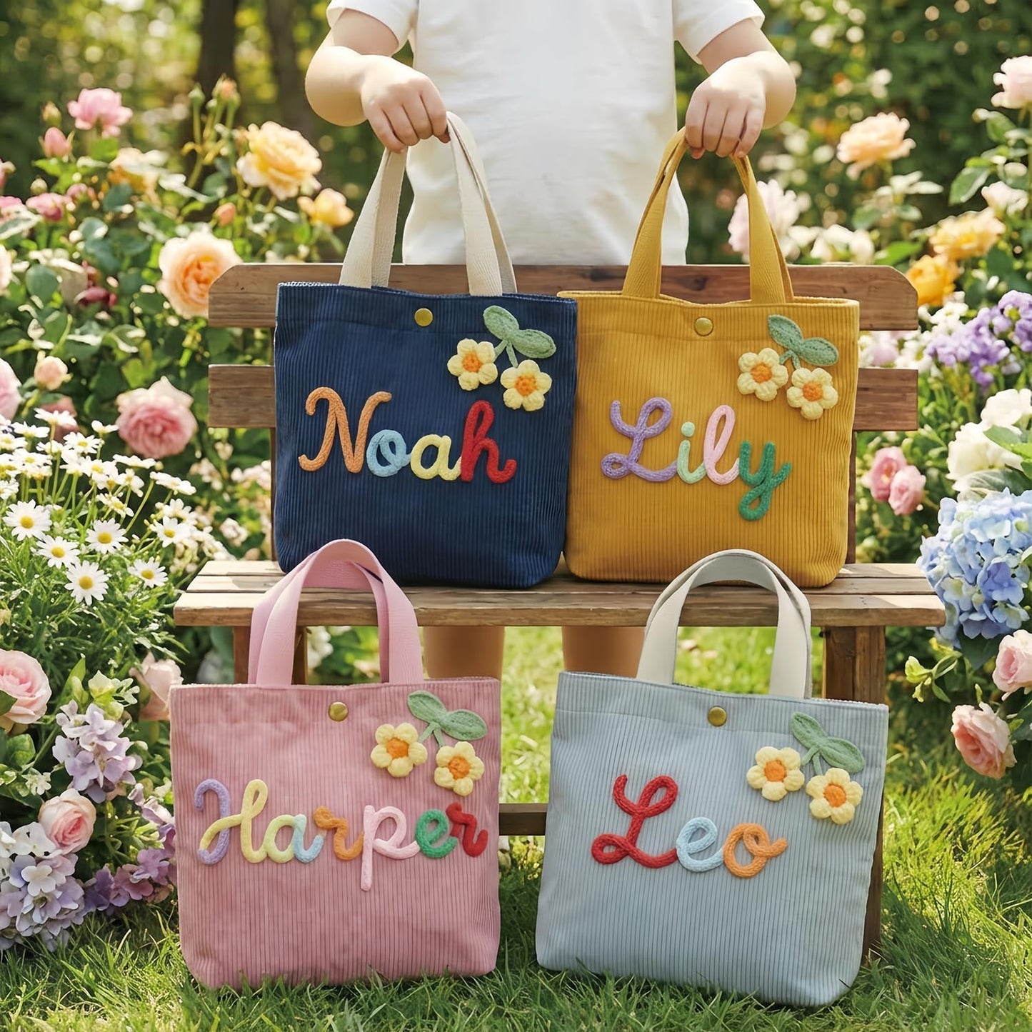 Skiennix Personalized Corduroy Tote Bag - Custom Name & 3D Crochet Flower Design | Perfect Birthday Gift for Girls