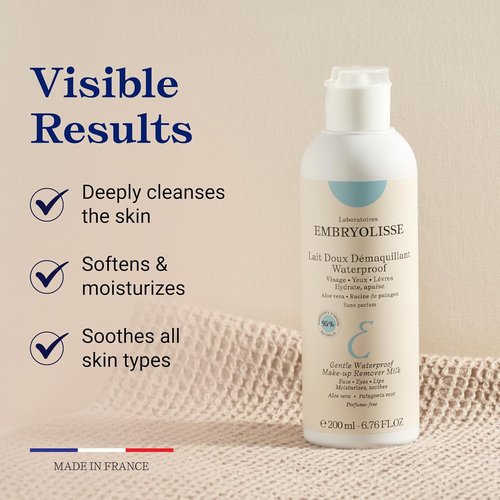 Embryolisse Gentle Waterproof Makeup Remover Milk - 4-in-1 Hydrating Cleanser for Sensitive Skin, 6.76 Fl Oz