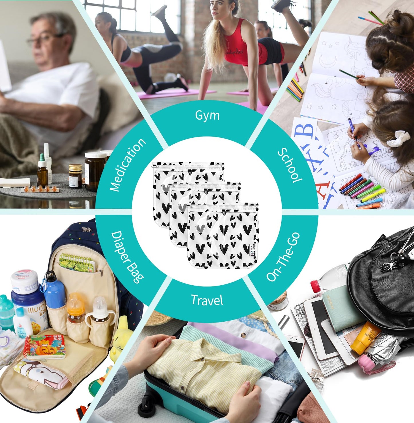 HIONXMGA TSA Approved Toiletry Bag, Set of 3 Clear Travel Toiletry Bag Quart Size Zipper Travel Pouch, Waterproof Makeup Cosmetic Bag for Women Men Kids Toiletries Carry on, Hearts Large