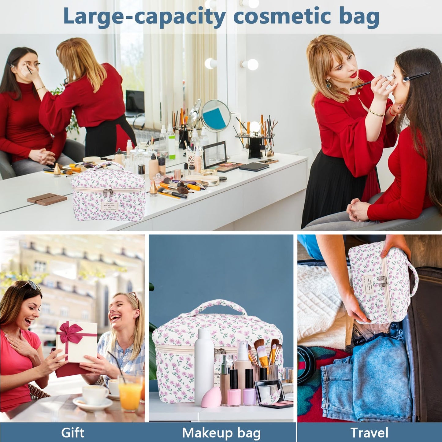 Large Makeup Bag, Cute Cosmetic Bag for Women Girls, Floral Coquette Aesthetic Toiletry Bag, Travel Make Up Organizer Bag (Purple Flower)